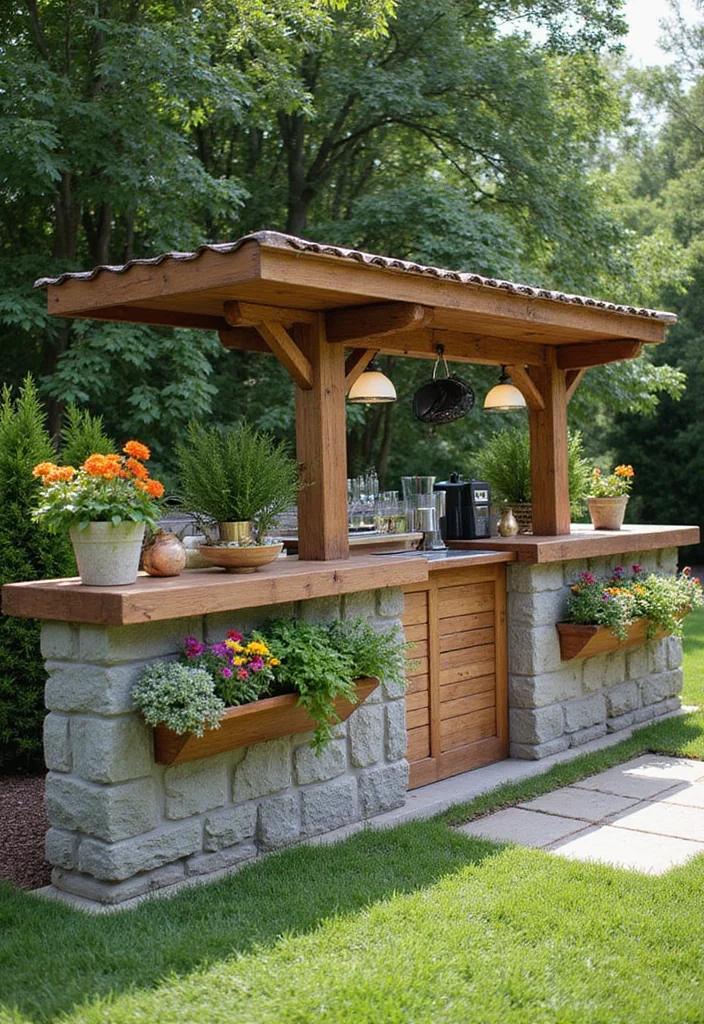 12 Small Backyard Bar Ideas for Casual Outdoor Entertaining 34 12 Small Backyard Bar Ideas for Casual Outdoor Entertaining - 4. Garden Bar with Planters