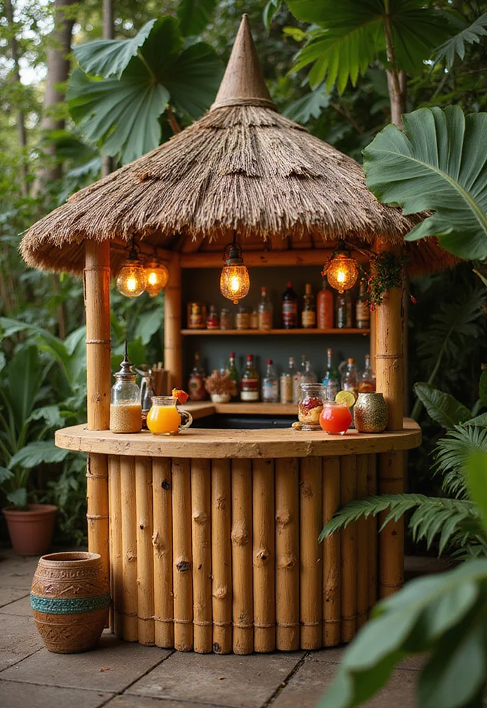 12 Small Backyard Bar Ideas for Casual Outdoor Entertaining 45 12 Small Backyard Bar Ideas for Casual Outdoor Entertaining - 5. Mini Tiki Bar