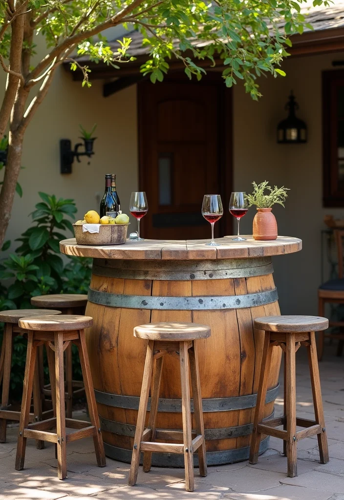 12 Small Backyard Bar Ideas for Casual Outdoor Entertaining 56 12 Small Backyard Bar Ideas for Casual Outdoor Entertaining - 6. Rustic Wine Barrel Bar