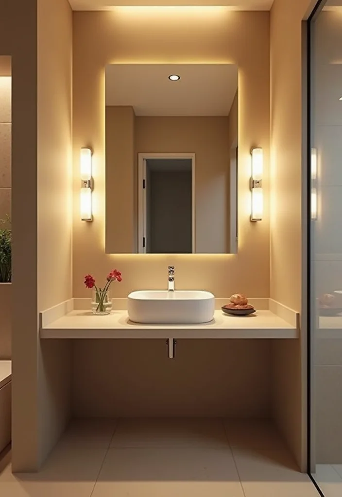 12 Small Beige Bathroom Ideas for Soft Neutral Spaces - 11. Soft Lighting Solutions