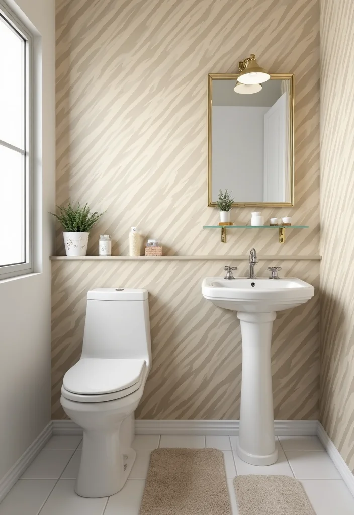12 Small Beige Bathroom Ideas for Soft Neutral Spaces - 12. Accent Wall with Beige Wallpaper