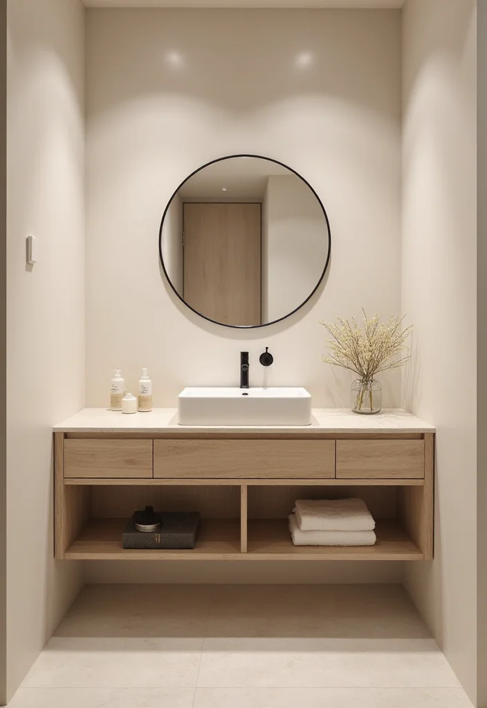 12 Small Beige Bathroom Ideas for Soft Neutral Spaces - 2. Minimalist Floating Vanity