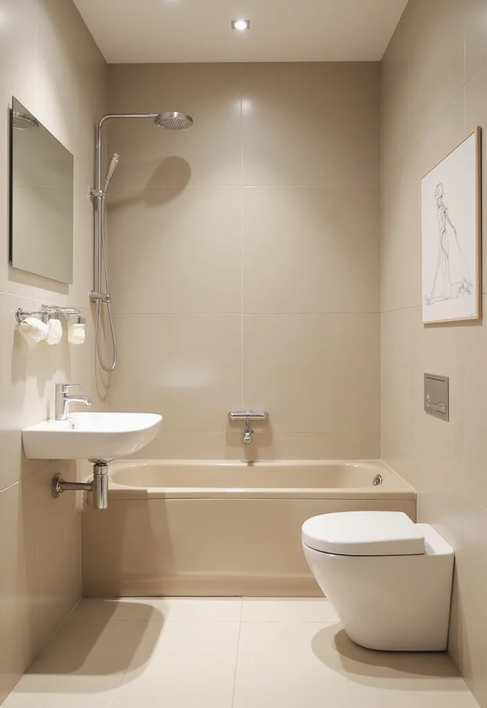 12 Small Beige Bathroom Ideas for Soft Neutral Spaces - 6. Beige and White Contrast