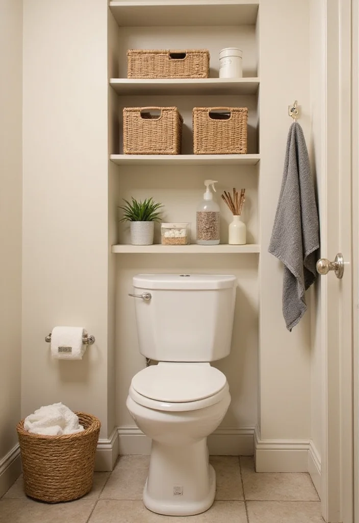 12 Small Beige Bathroom Ideas for Soft Neutral Spaces - 7. Simple and Functional Storage