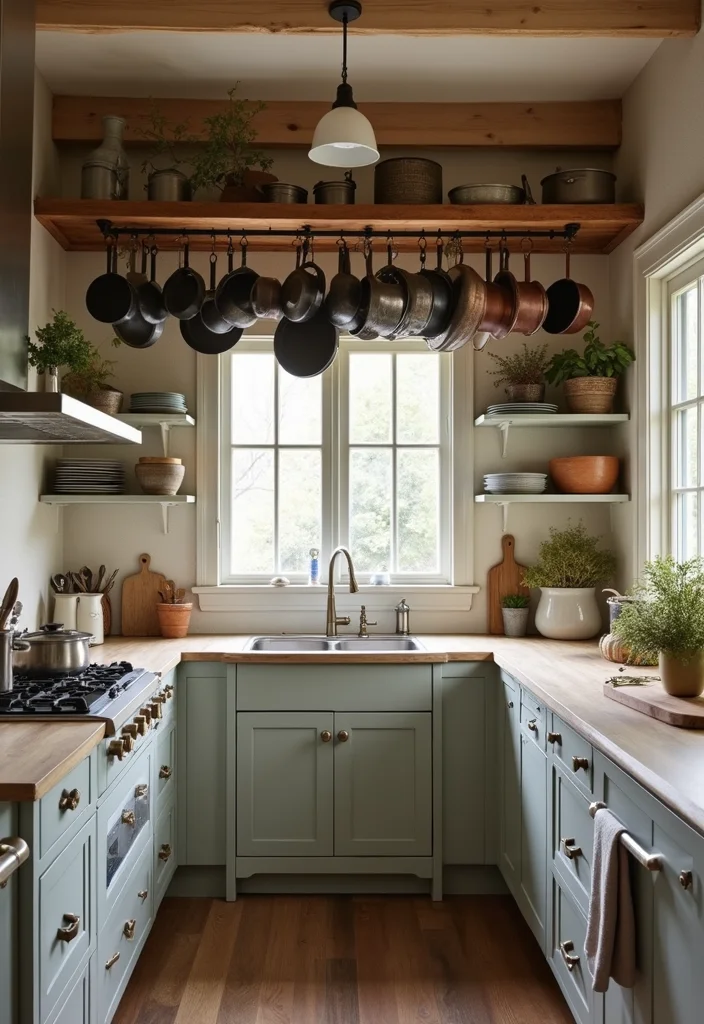 12 Small U Shaped Kitchen Ideas for Better Flow and Storage 12 12 Small U Shaped Kitchen Ideas for Better Flow and Storage - 2. Overhead Pot Racks