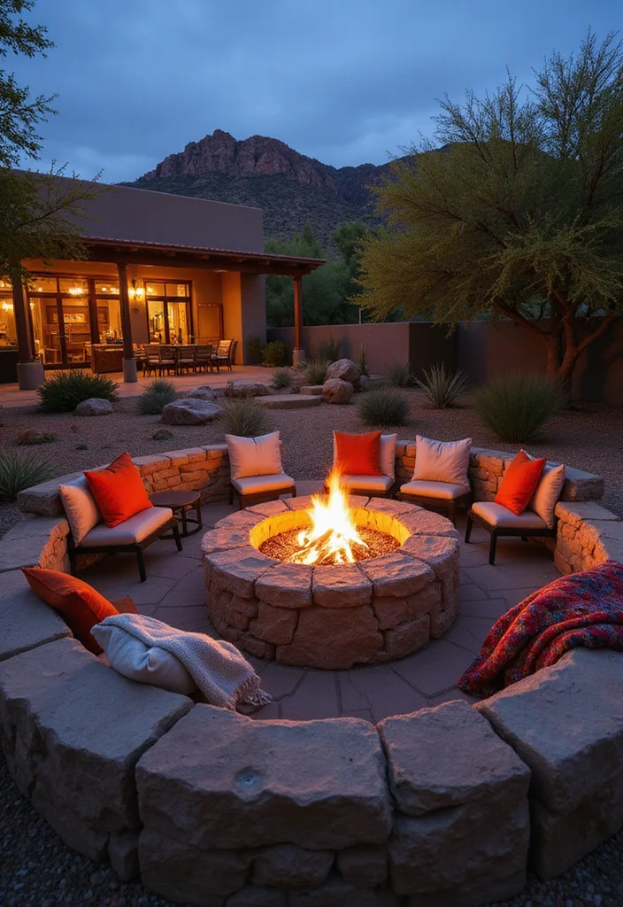 12 Southwest Backyard Ideas with Warm Desert Style 23 12 Southwest Backyard Ideas with Warm Desert Style - 3. Cozy Fire Pit Area