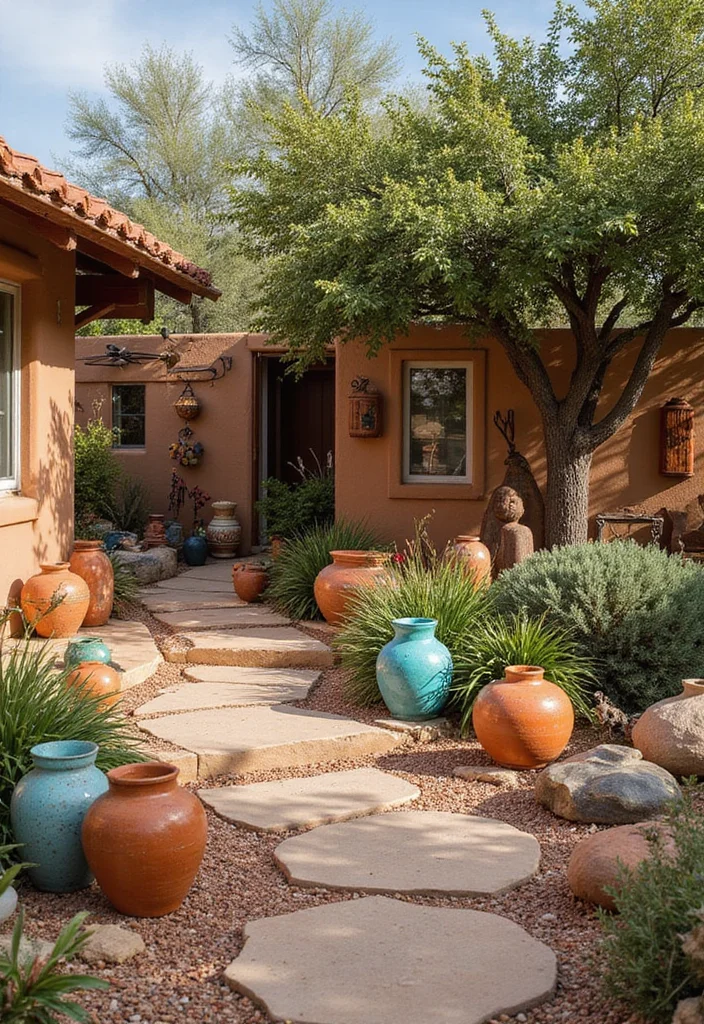 12 Southwest Backyard Ideas with Warm Desert Style 67 12 Southwest Backyard Ideas with Warm Desert Style - 7. Artistic Southwestern Garden Decor
