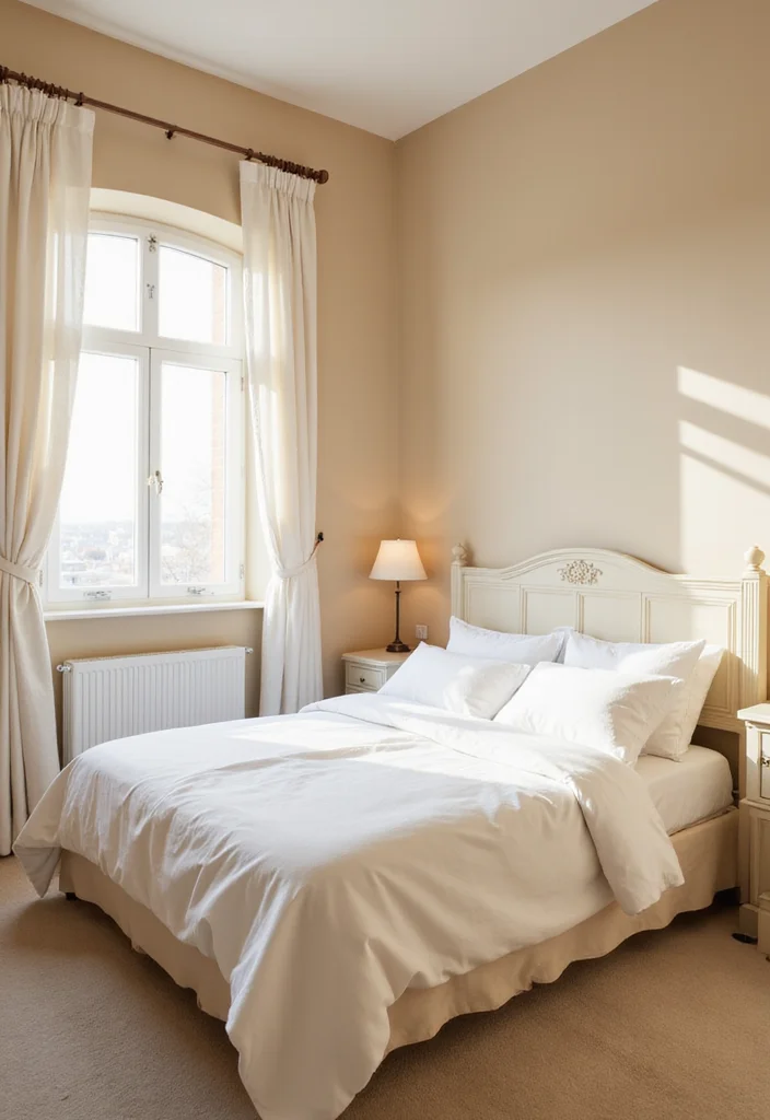 12 Tan Bedroom Ideas for Calm Neutral Comfort - 1. Soft Tan Walls with Crisp White Accents