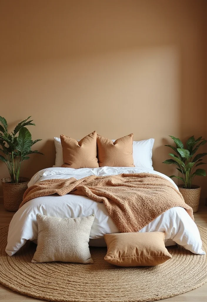 12 Tan Bedroom Ideas for Calm Neutral Comfort - 2. Layered Textures with Tan Accents