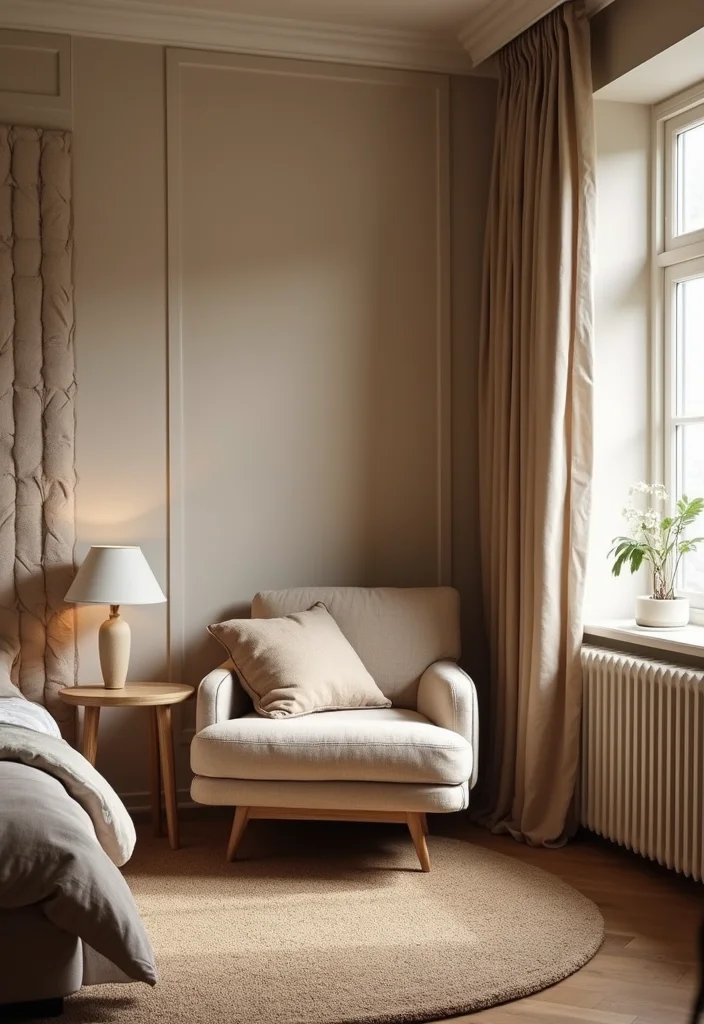 12 Tan Bedroom Ideas for Calm Neutral Comfort - 9. Cozy Seating Nooks