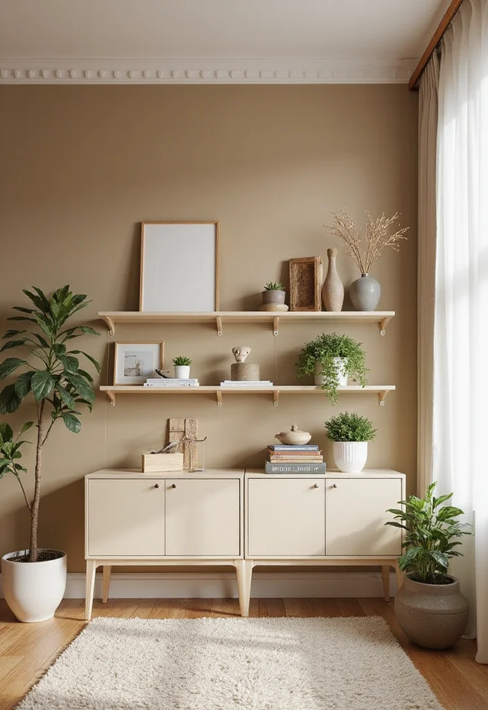12 Tan Living Room Ideas for Soft Cozy Neutrals - 11. Minimalist Tan Shelving