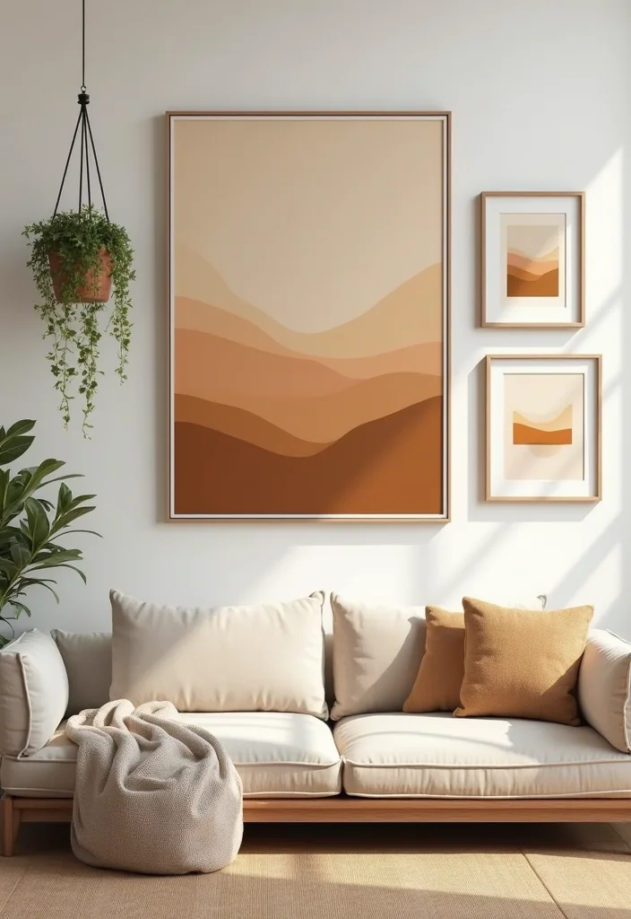 12 Tan Living Room Ideas for Soft Cozy Neutrals - 6. Artistic Tan Wall Decor
