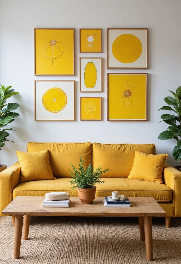 12 Yellow Living Room Ideas for Bright Cheerful Spaces 34 12 Yellow Living Room Ideas for Bright Cheerful Spaces - 4. Vibrant Art Pieces