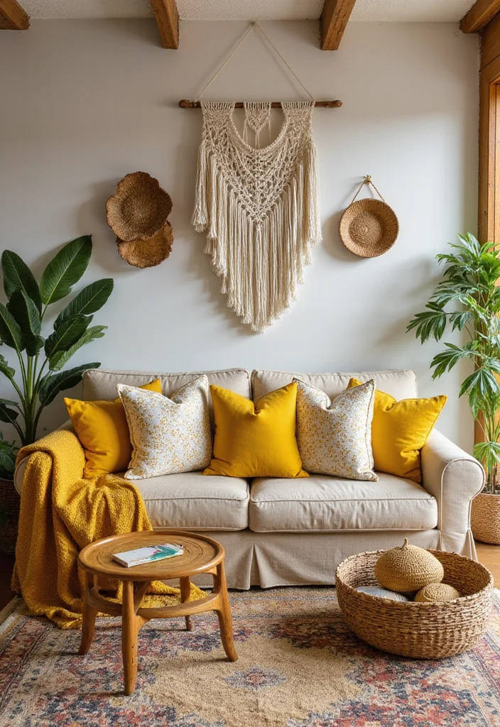 12 Yellow Living Room Ideas for Bright Cheerful Spaces 67 12 Yellow Living Room Ideas for Bright Cheerful Spaces - 7. Bohemian Yellow Accents
