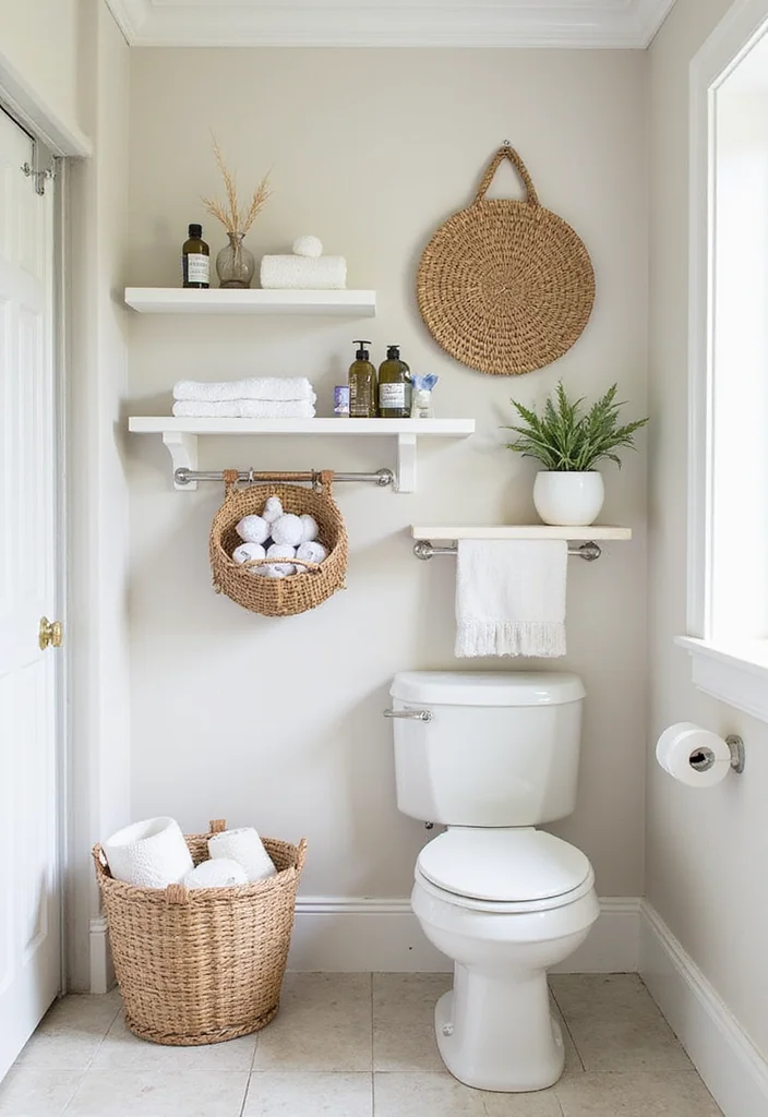 14 Bathroom Wall Storage Ideas to Maximize Small Spaces - 3. Wall-Mounted Baskets: Chic and Practical
