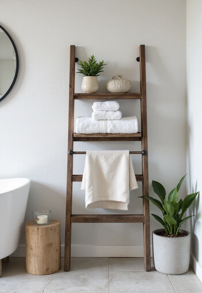 14 Bathroom Wall Storage Ideas to Maximize Small Spaces - 7. Ladder Shelves: A Stylish Lean