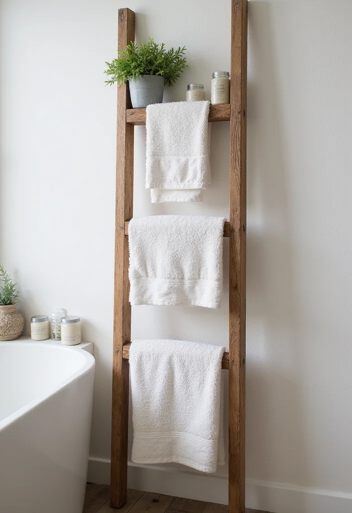 15 Farmhouse Bathroom Decor Ideas for a Fresh Country Look - 1. Vintage Ladder for Towel Storage