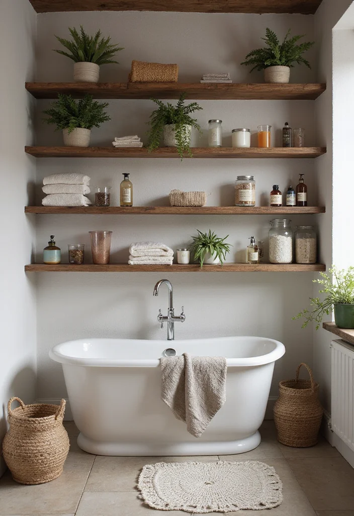 15 Farmhouse Bathroom Decor Ideas for a Fresh Country Look - 14. Open Shelving for Display