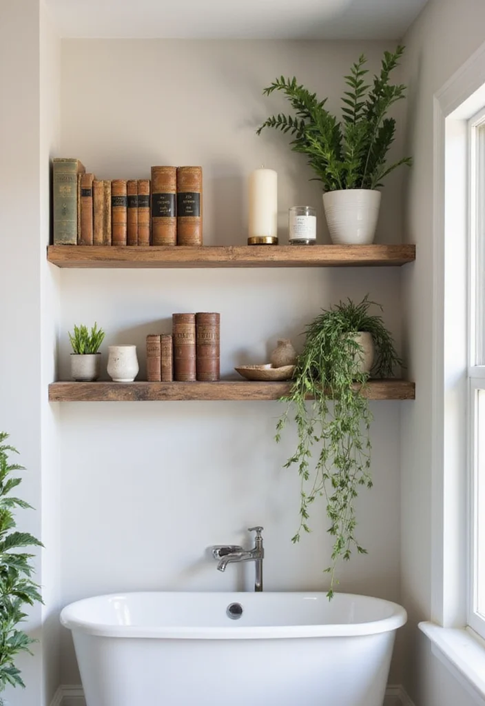 15 Farmhouse Bathroom Decor Ideas for a Fresh Country Look - 3. Rustic Wooden Shelves