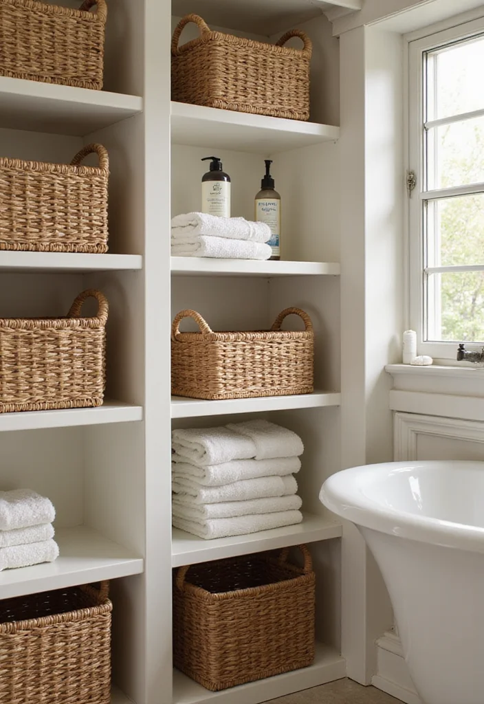 15 Farmhouse Bathroom Decor Ideas for a Fresh Country Look - 8. Baskets for Organization