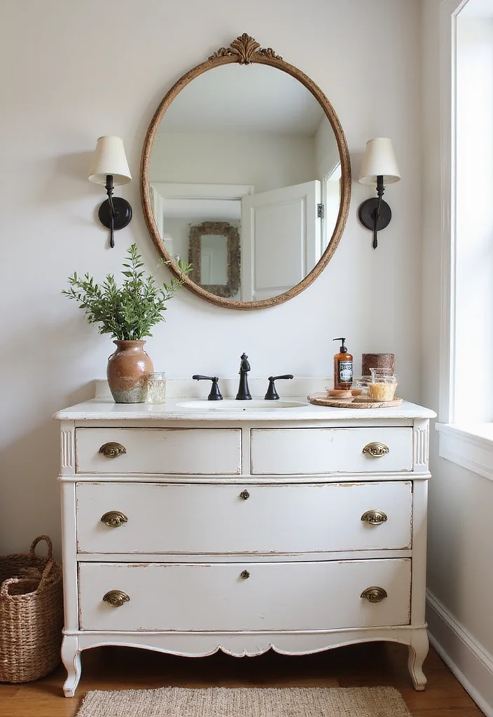15 Farmhouse Bathroom Decor Ideas for a Fresh Country Look - 9. Repurposed Furniture