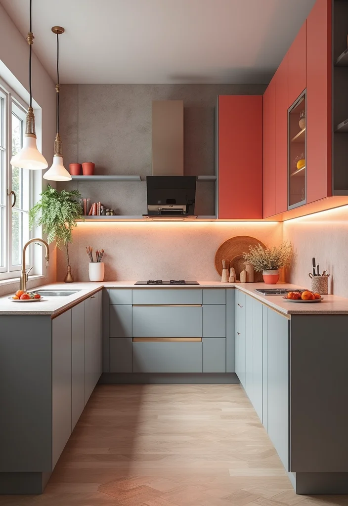 16 Kitchen Colour Combination Ideas for Fresh Modern Style - 14. Soft Gray and Bright Coral