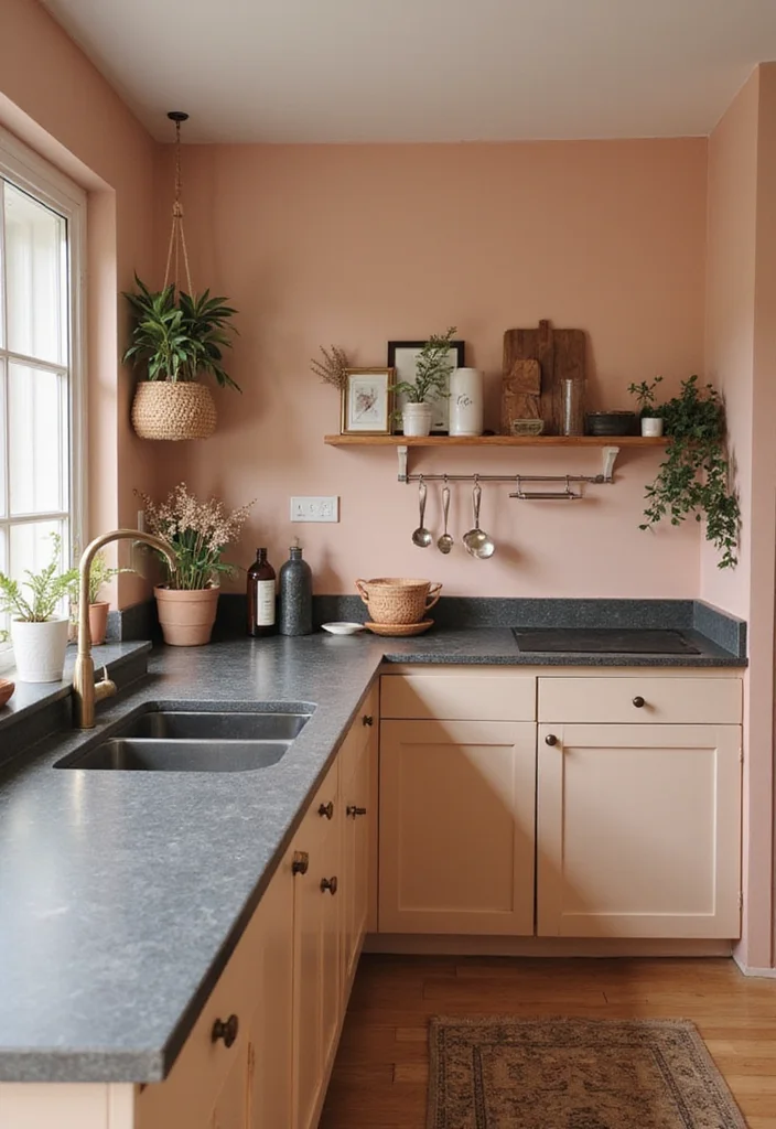 16 Kitchen Colour Combination Ideas for Fresh Modern Style - 5. Soft Peach and Charcoal Gray