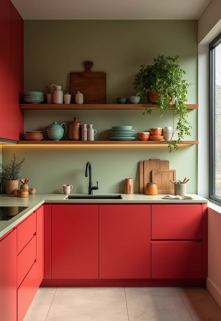 16 Kitchen Colour Combination Ideas for Fresh Modern Style - 6. Bold Red and Soft Olive