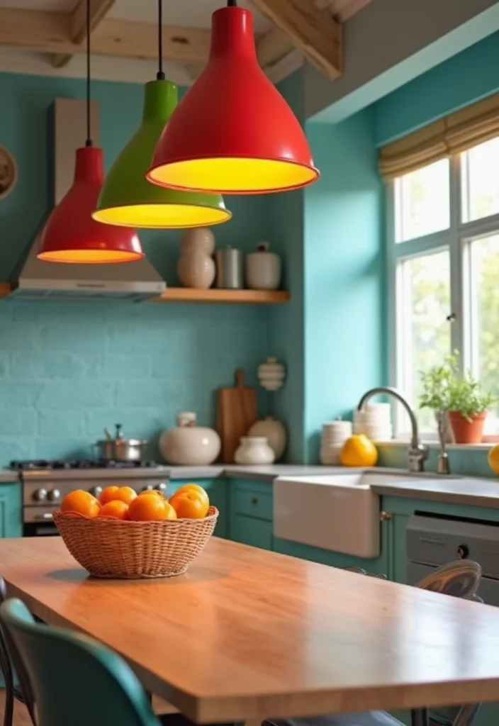16 Kitchen Pendant Lighting Ideas for Better Task Lighting - 5. Colorful Statement Pieces