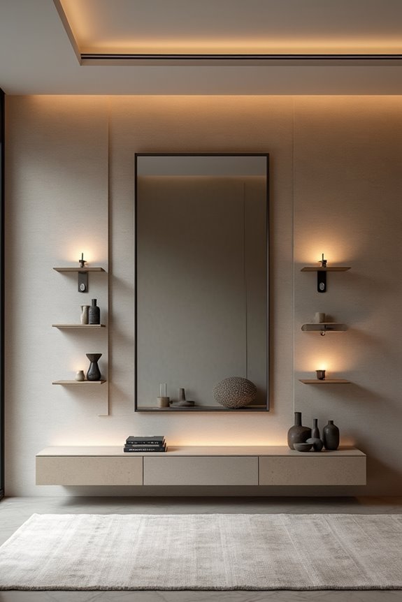 layered shelves mirror sconces depth