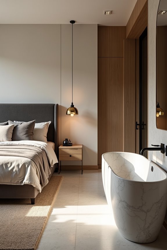 shared color palette unites bedroom and bath