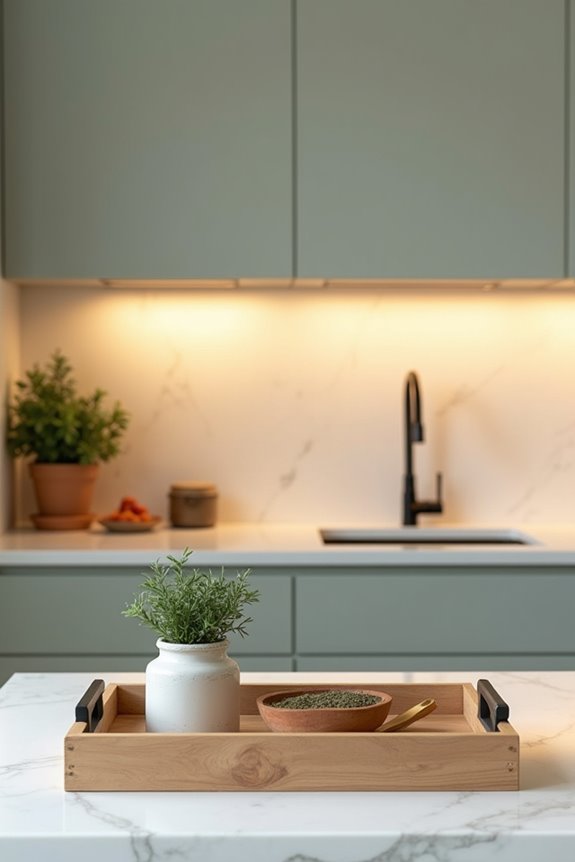small wood tray anchors kitchen etiquette